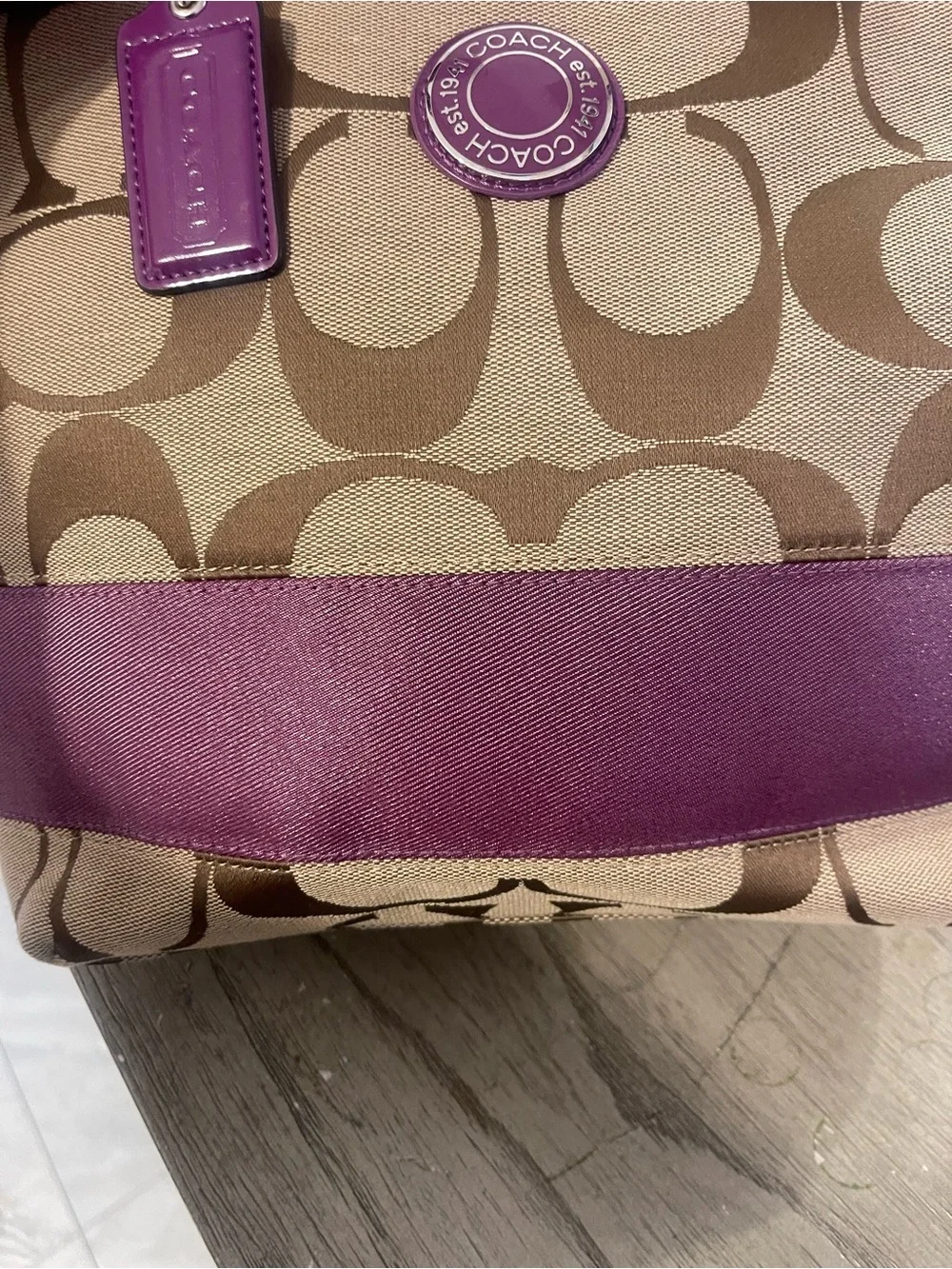 Coach Canvas Tote with Purple Trim and Tan Signature Print - Picture 8 of 9